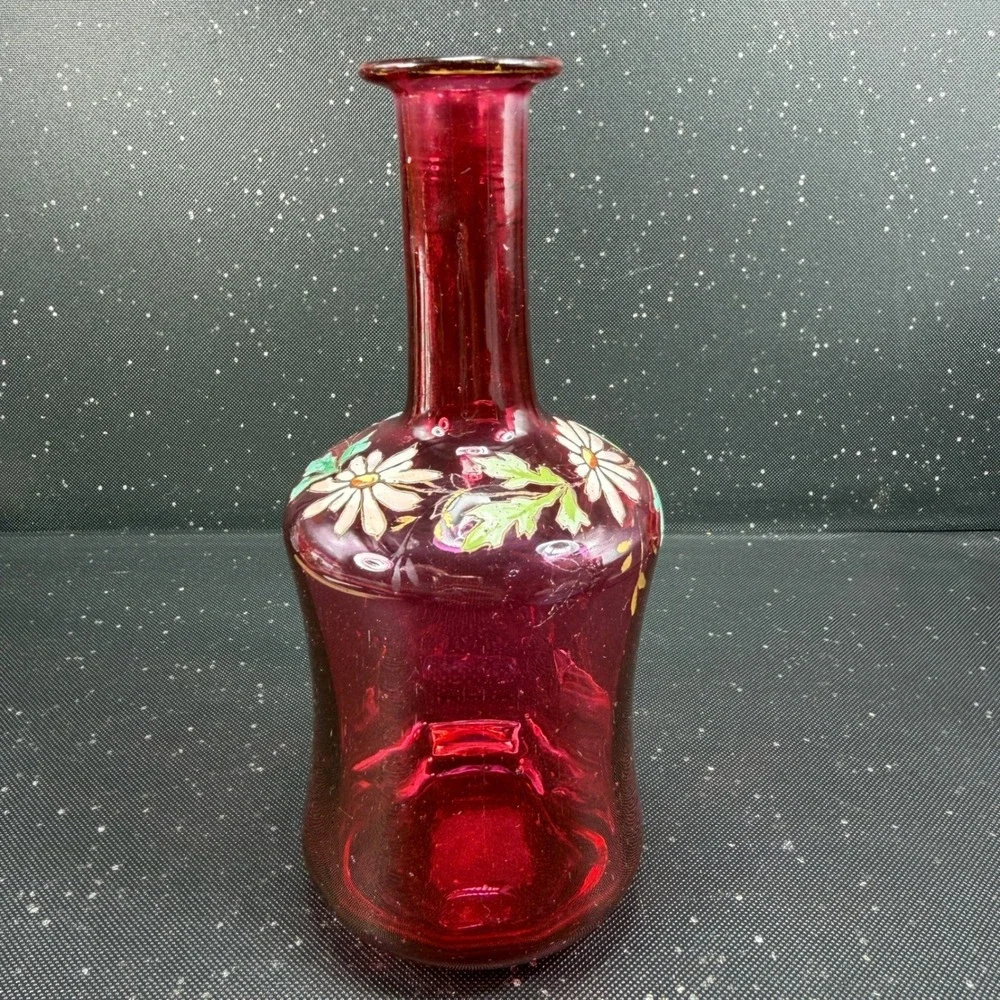 Antique Cranberry Glass Bud Vase Hand Painted Enamel Daisy Ruby Red 6.5inch